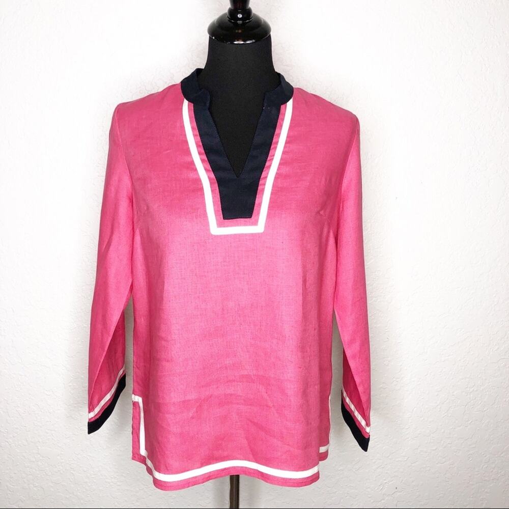 Talbots bright pink navy white trim linen top size Small Petite